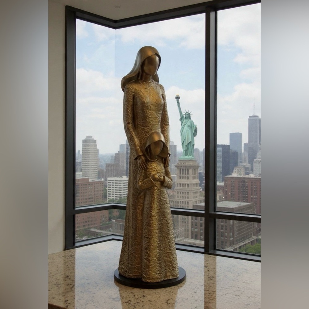 Vintage Elegant Mother and Child Sculpture,image displays a bronze-finished